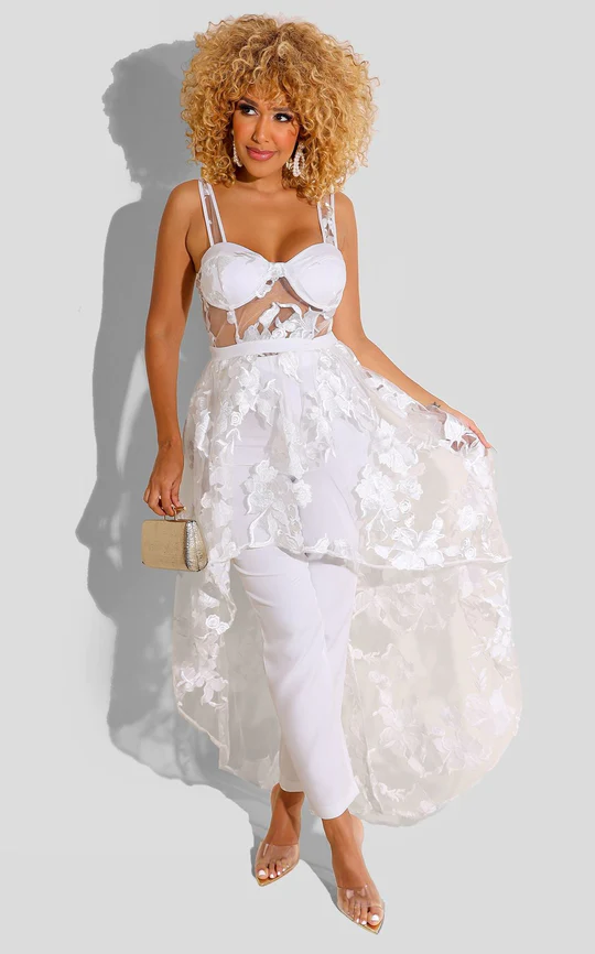 White Embroidered Floral Strap Elegant Prom Tulle Dresses