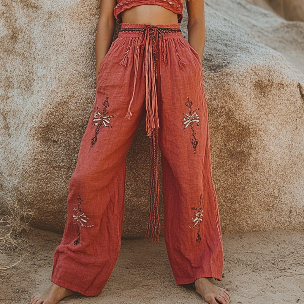 Bohemian Linen Print Ethnic Holiday Casual Pants