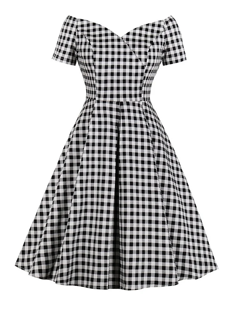 Mayoulove Vitage Dress Plaid Pattern 1940s A-Line Dress-Mayoulove