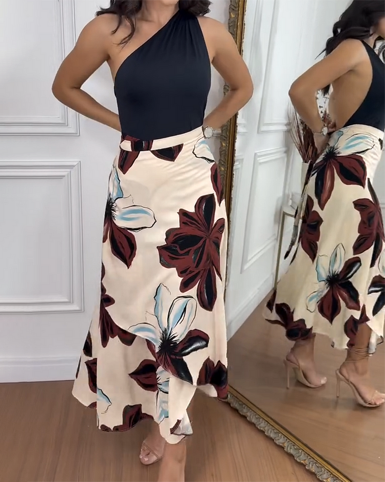 One-shoulder Jumpsuit with Printed Skirt Two-piece Set