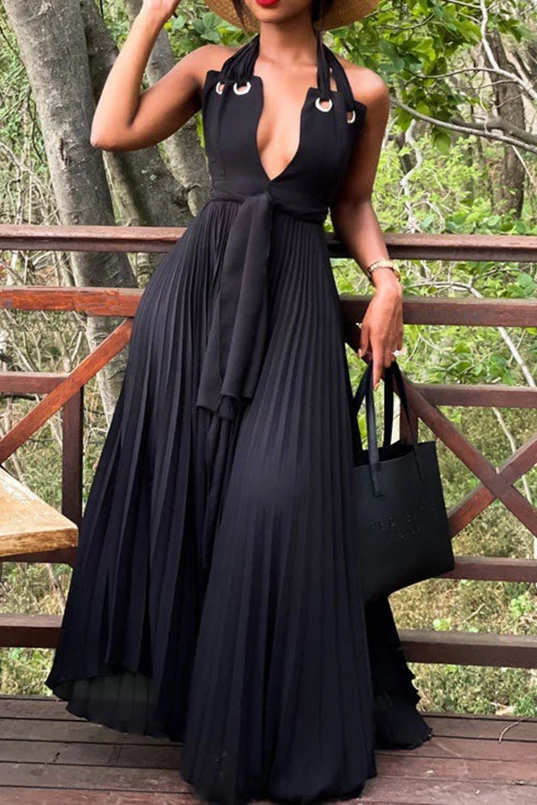Black Halter Collar Stunning Lace-Up Pleated Swing Maxi Dress