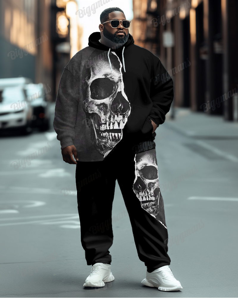 Men's Street Fashion Tear Skull Colorblock Print Plus Size Hoodie Suit