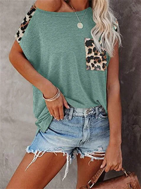 Women's Short Sleeve Scoop Neck Leopard Printed Pockets Top