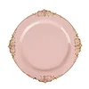 10 Pack | 8" Round Plastic Dessert Salad Plates In Vintage Blush Rose Gold Leaf Embossed Baroque Disposable Plates