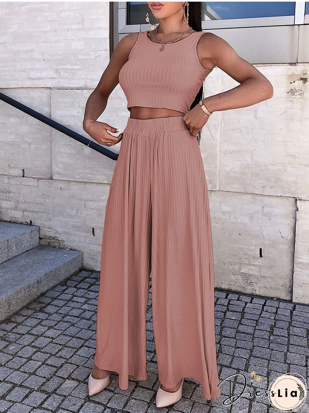 Casual Two Piece Sets Women Summer Fashion Sexy Vest Set Elegant High Waist Wide Pants Set Female Solid New Femme
