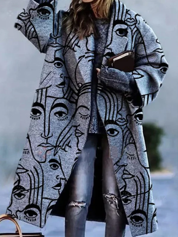 Long Sleeve Lapel Jacket Abstract Print Wool Long Coat