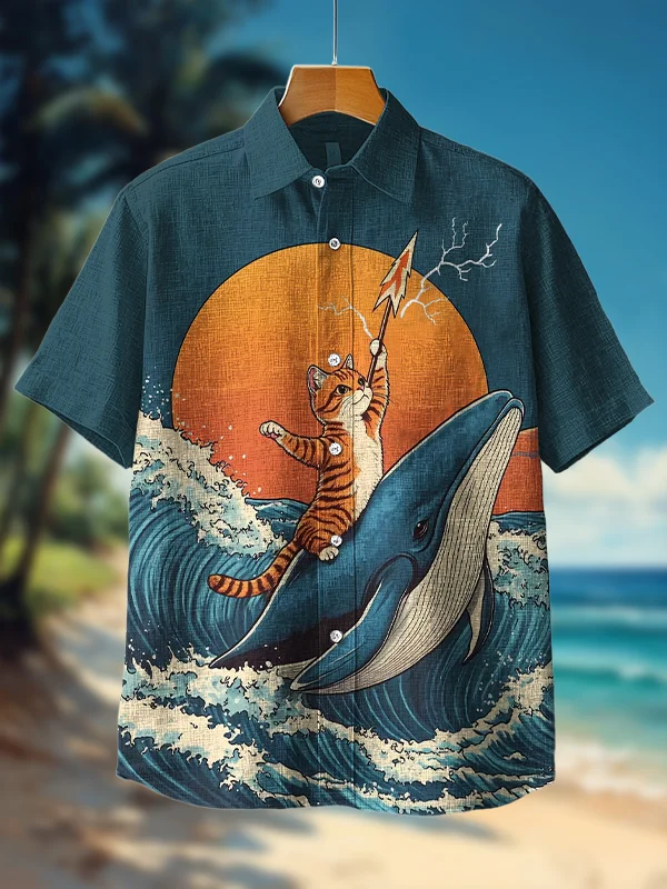 Men's Cat Riding A Whale Fantasy Art Print Short Sleeve Shirt