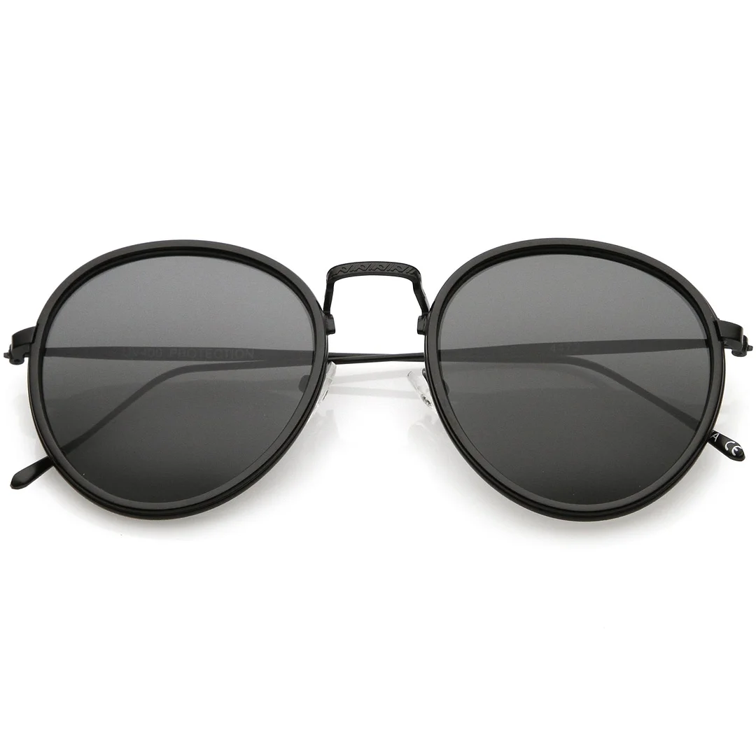 Modern Round glasses Engraved Slim Metal Arms Neutral Color Flat Lens