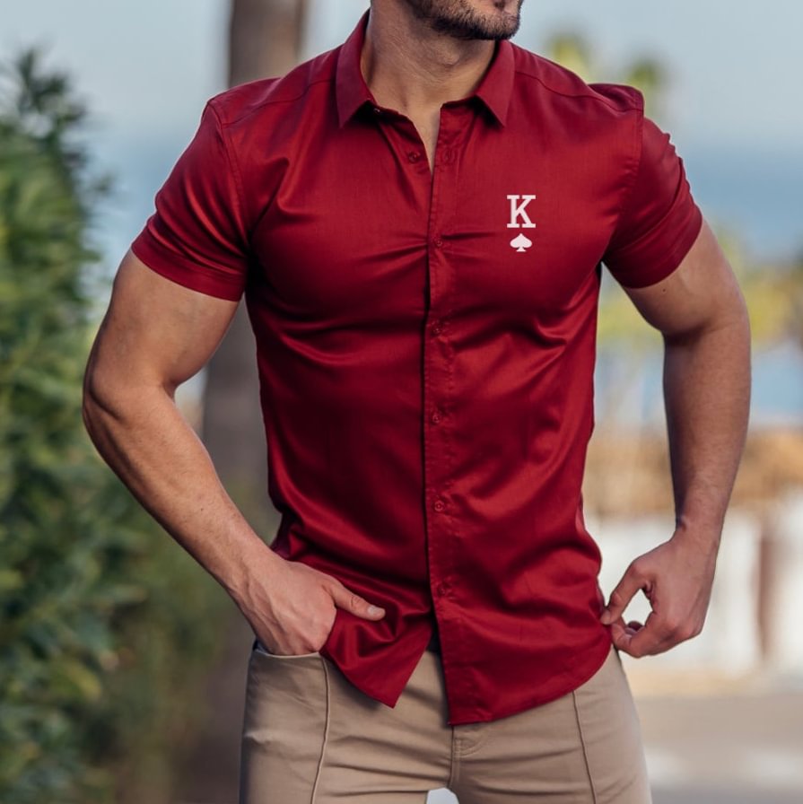 Men's Fashion Poker K Print Casual Slim Short Sleeve Shirt、、URBENIE