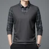 Men's Fake Two Piece Wool Silk Slim Fit Plaid Shirt
