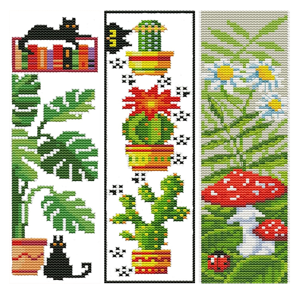 11CT Stamped Double-Sided Mushrooms Daisy DIY Bookmarks Cross Stitch Kits 18x6cm