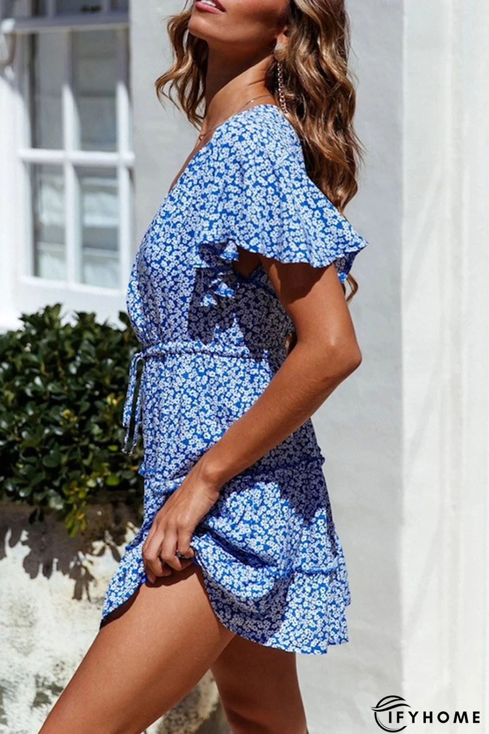 Blue V Neck Short Sleeve Layered Ruffled Floral Dress | IFYHOME