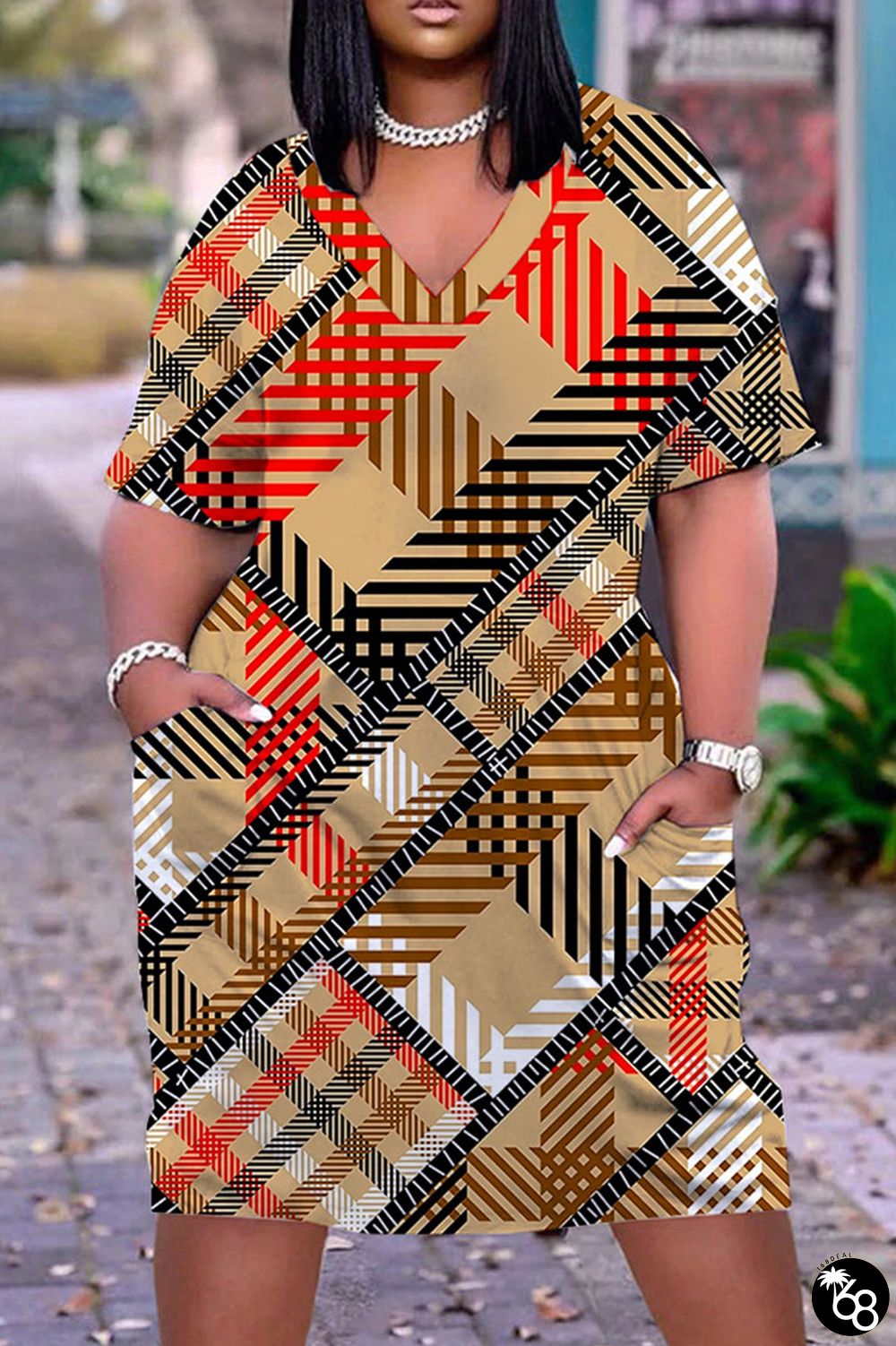 Khaki Casual Print Basic V Neck Short Sleeve Dress | 168DEAL