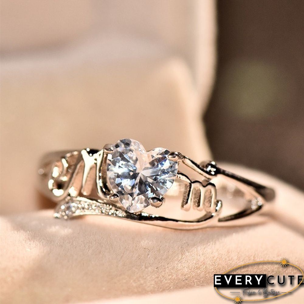 Heart Love Mom 925 Silver White Sapphire Ring Mother's Day Jewelry Gift Size 5-11