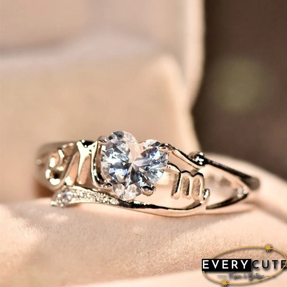 Heart Love Mom 925 Silver White Sapphire Ring Mother's Day Jewelry Gift Size 5-11