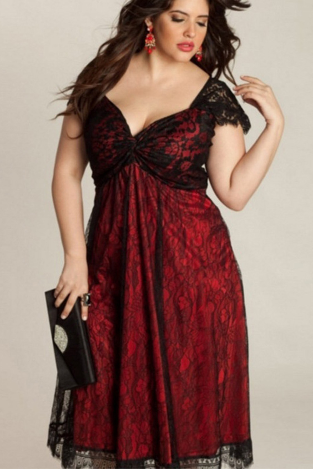 Plus Size Goth Burgundy Lace Cap Sleeve Midi Dress 2024 - Flycurvy 