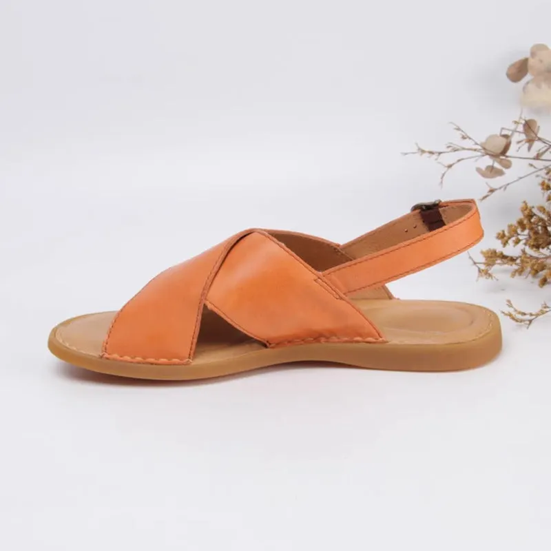 Women's Wide Strap Peep Toe Leather Flat Sandals Shoes