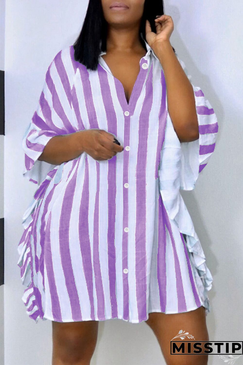 Light Blue Fashion Casual Striped Print Patchwork Turndown Collar Shirt Dress Dresses
