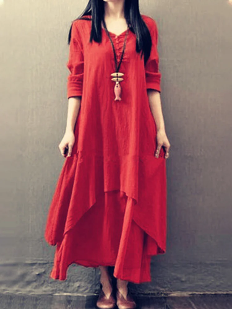 Casual Solid V Neck Button Long Sleeve Midi Dress