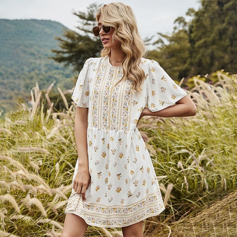 Summer Dresses For Women New 2021 Knee-Length Regular O-Neck A-Line High-Waist Printing Fashion Cute Seaside Holiday Dress