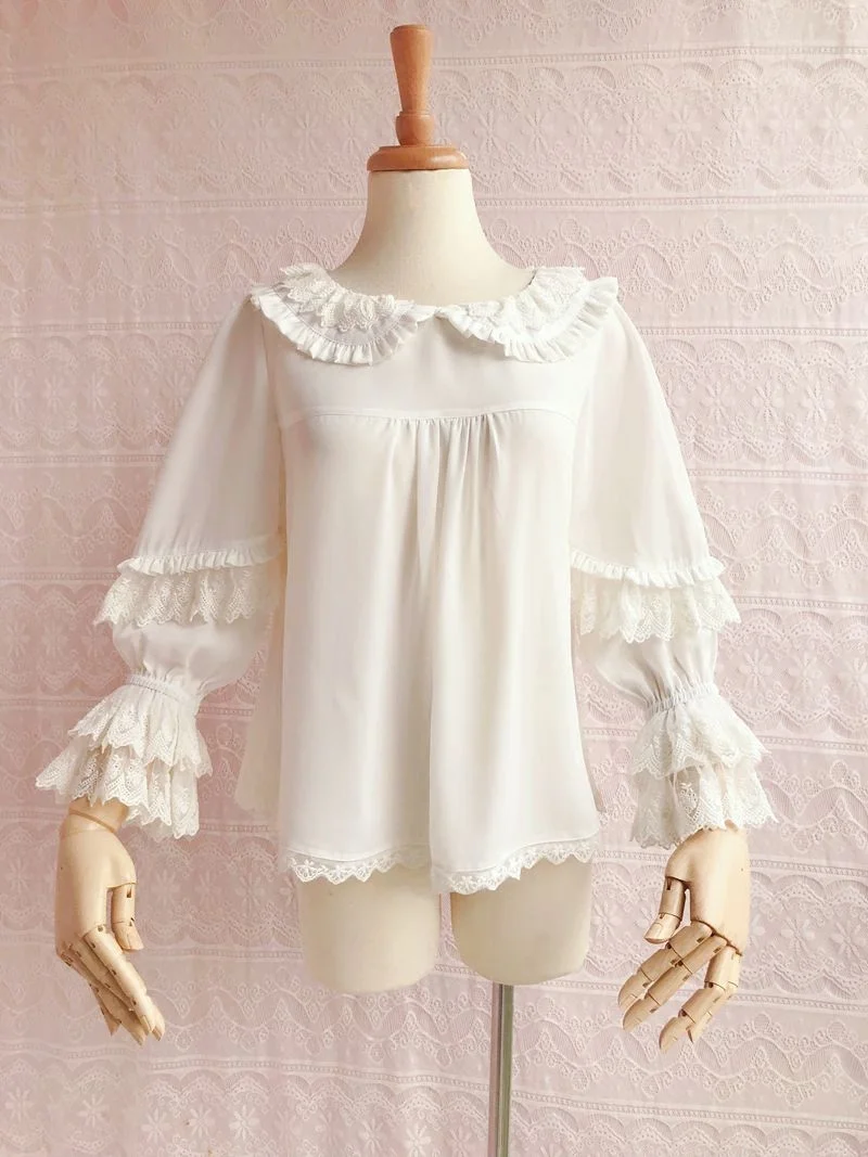 White Chiffon Shirt Peter Pan Collar Lace Trim Long Sleeve Sweet Lolita Blouse Novameme