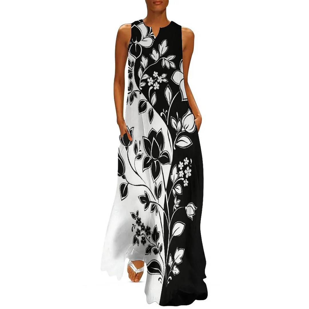 Style & Comfort for Mature Women Plus Size Printed Sleeveless Casual Women Maxi Dress with Pockets in Pattern Black, Floral, White