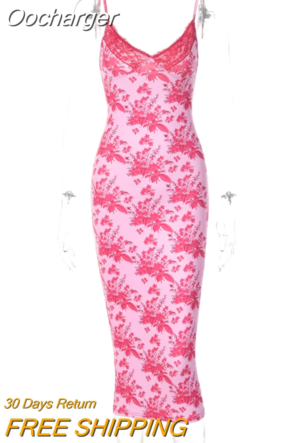 Oocharger Pink Print Spaghetti Strap Midi Dress For Women 2023 Summer Sleeveless Backless Bodycon Printed Long Dress Vestido