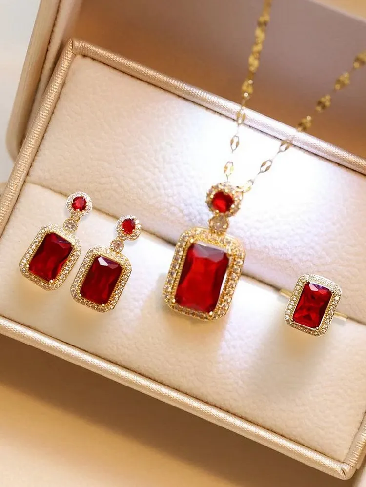 Women's Three Piece Jewelry Set Square Necklace Earrings and Ring with Zircon