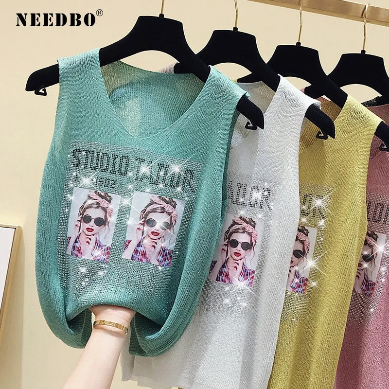 NEEDBO Diamond Tank Vests Women Tops V-neck Solid Fashion Female Sleeveless Casual Thin Top Pink Green Summer Knit Tee Shirt