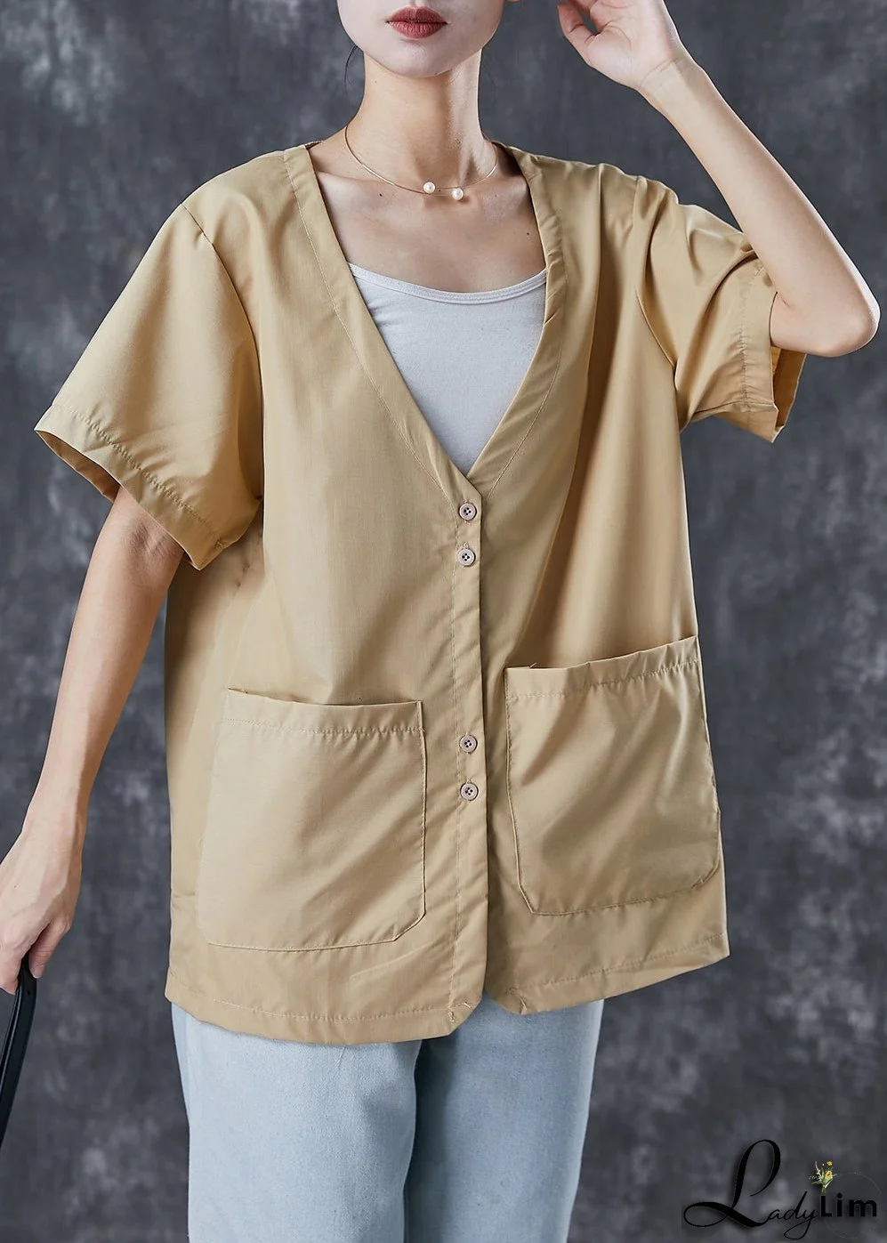 Chic Khaki V Neck Pockets Cotton Shirt Tops Summer