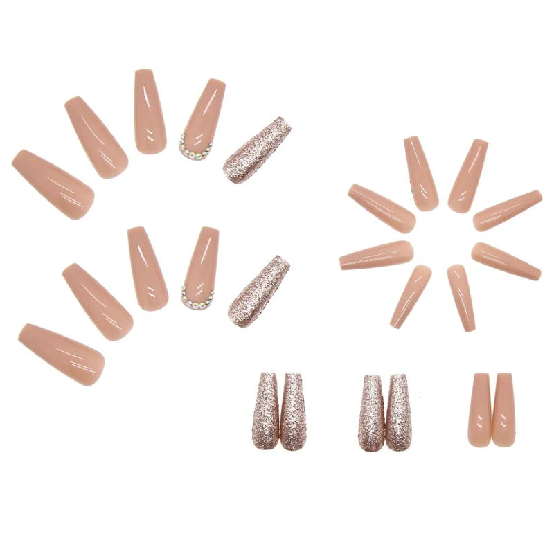 24pcs Long Glitter Fake Nails Detachable Rhinestone Decal Ballerina Faux Nail Art with Sticker Coffin False Nails Full Tips-Nail Inspo