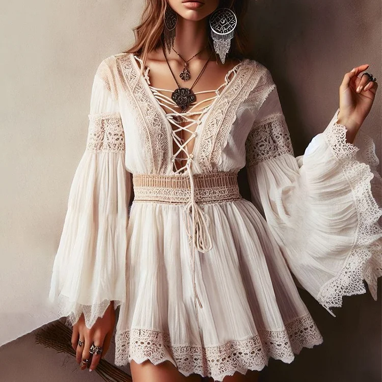 Casual Lace-Up Deep V Neck Flare Sleeve Lace Mini Dress