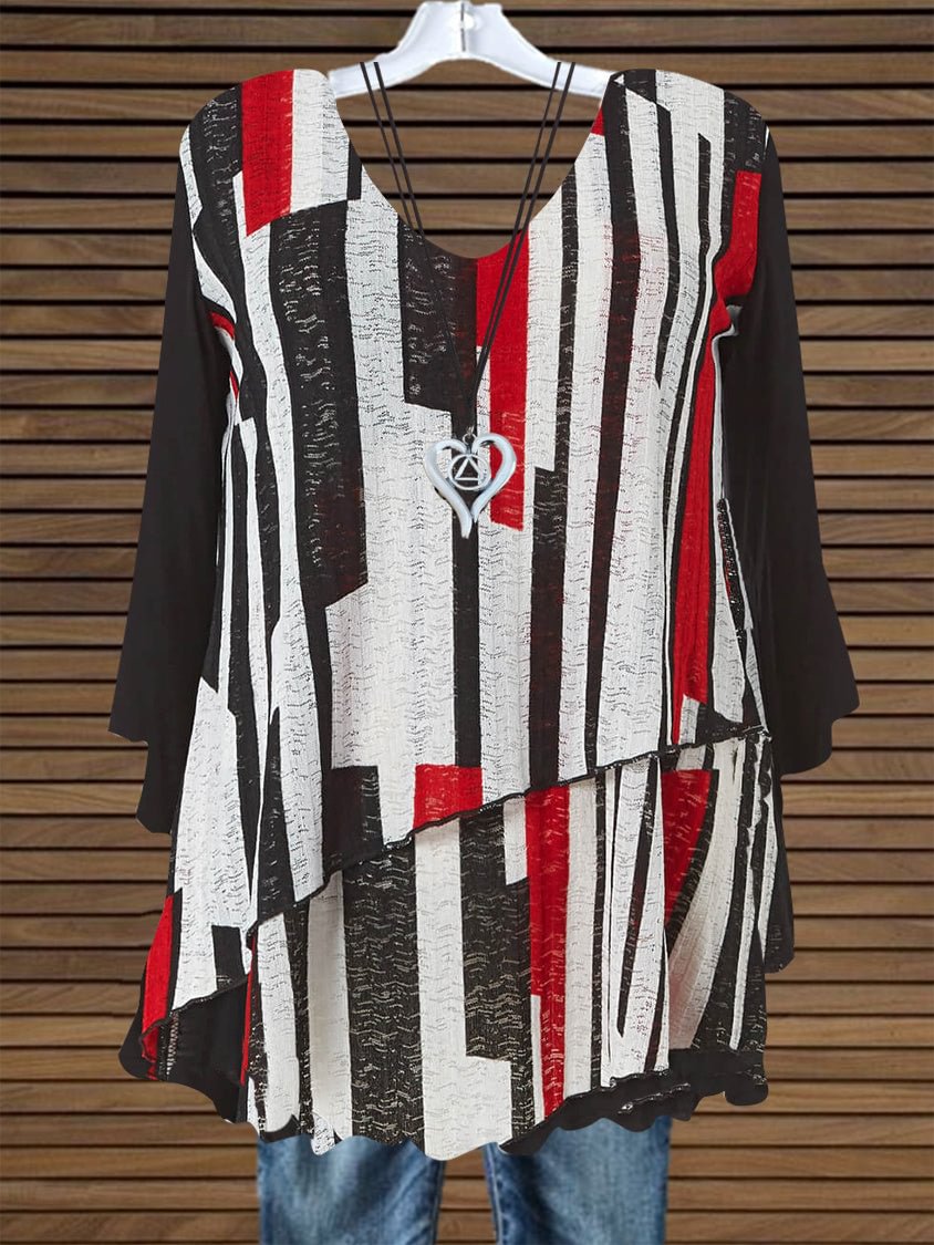 Women 3/4 Sleeve V-neck Striped Colorblock Top