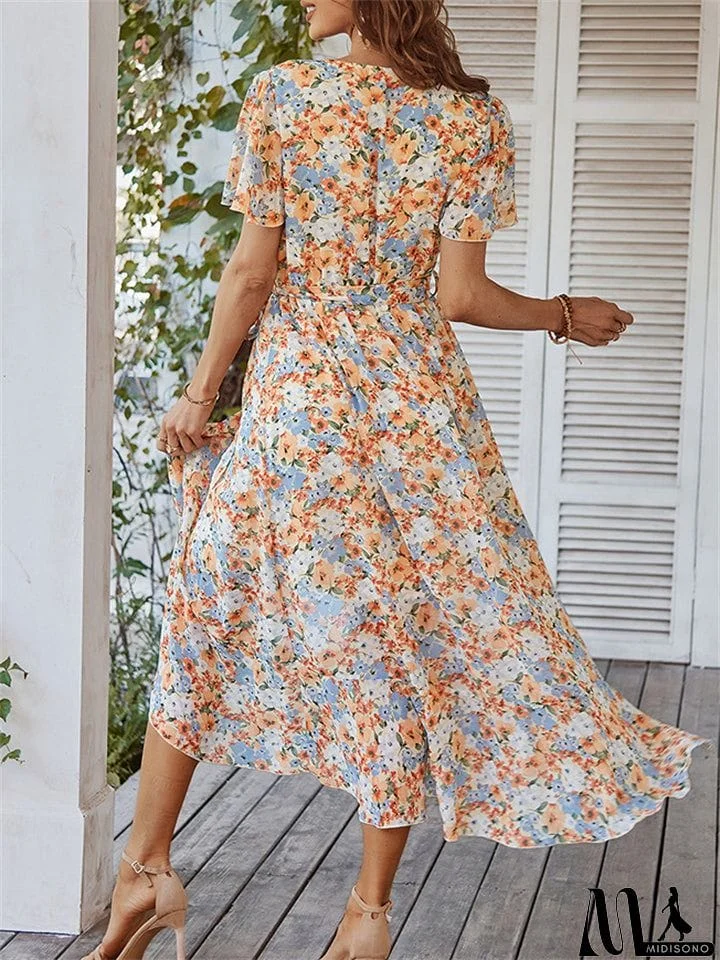 MidiSono - Sexy V-Neck Floral Printed Irregular Hem Dresses