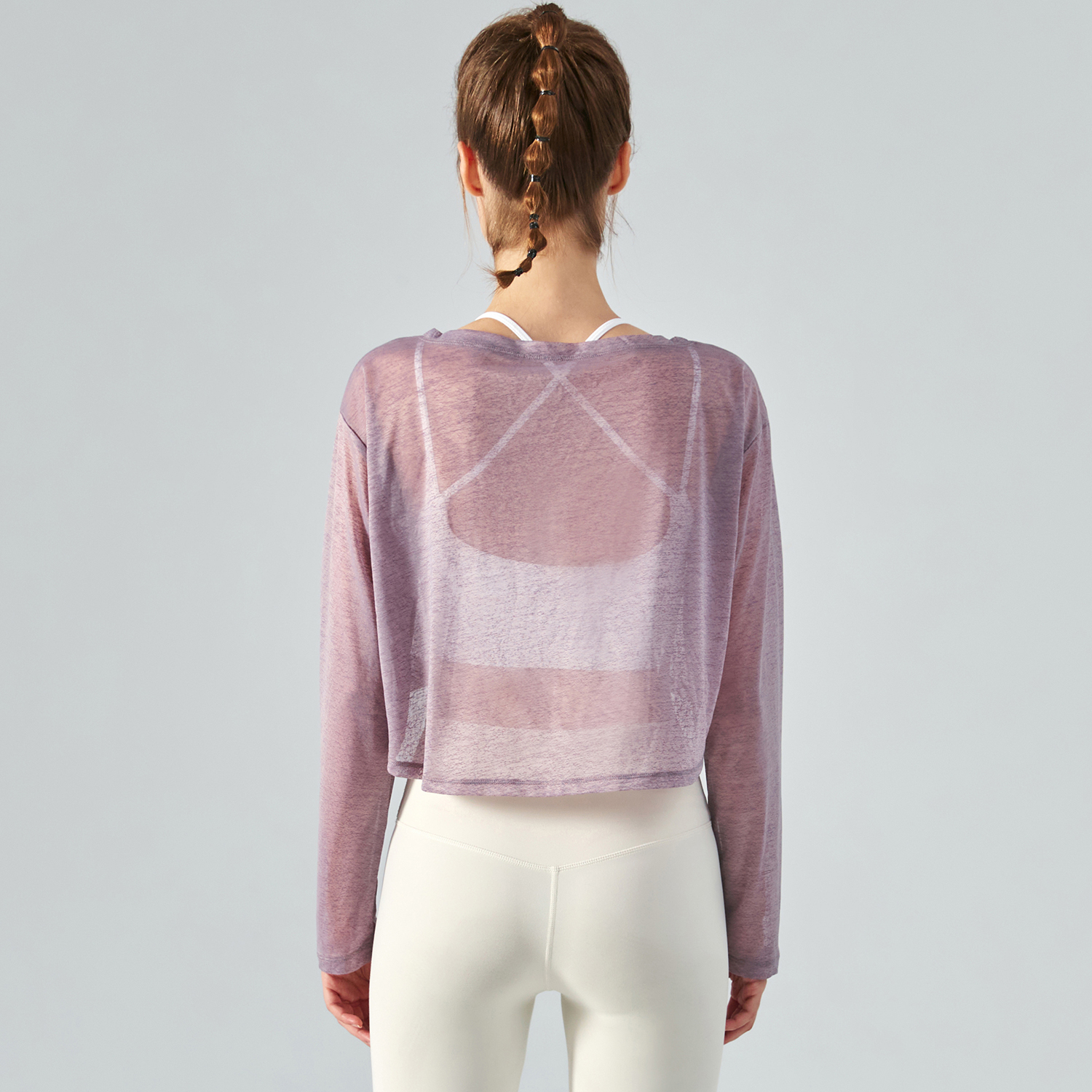 Buy different colors and types of women's polyester long sleeve breathable thin lightweight loose workout crop top for summer on Hergymclothing