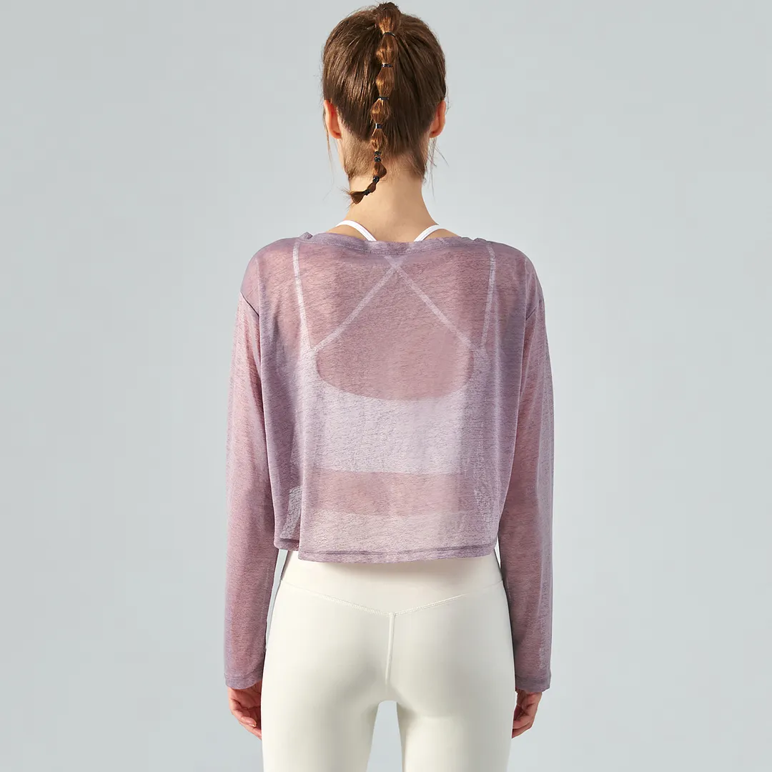 Buy different colors and types of women's polyester long sleeve breathable thin lightweight loose workout crop top for summer on Hergymclothing