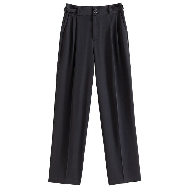 FANSIALEN High Waist Straight Long Trousers Loose Waist Full-Length Panst Office Lady Solid Spring Pleated Grey Pant