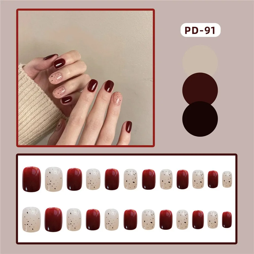 24pcs/Set Gorgeous Wine Red False Nails With Glue Middle Long Round Head Full Nail Tips Finished Fake Nail artificial nails-Nail Inspo
