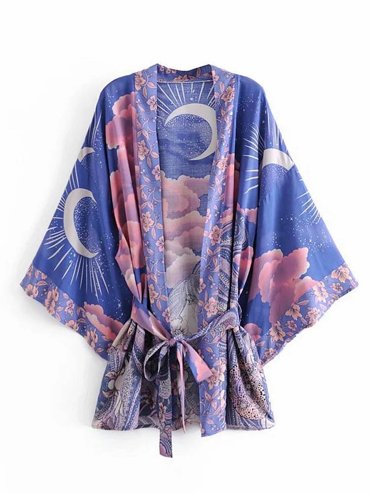 Fantasy Blue Sky Printed Half Sleeve Short Kimono With Robe