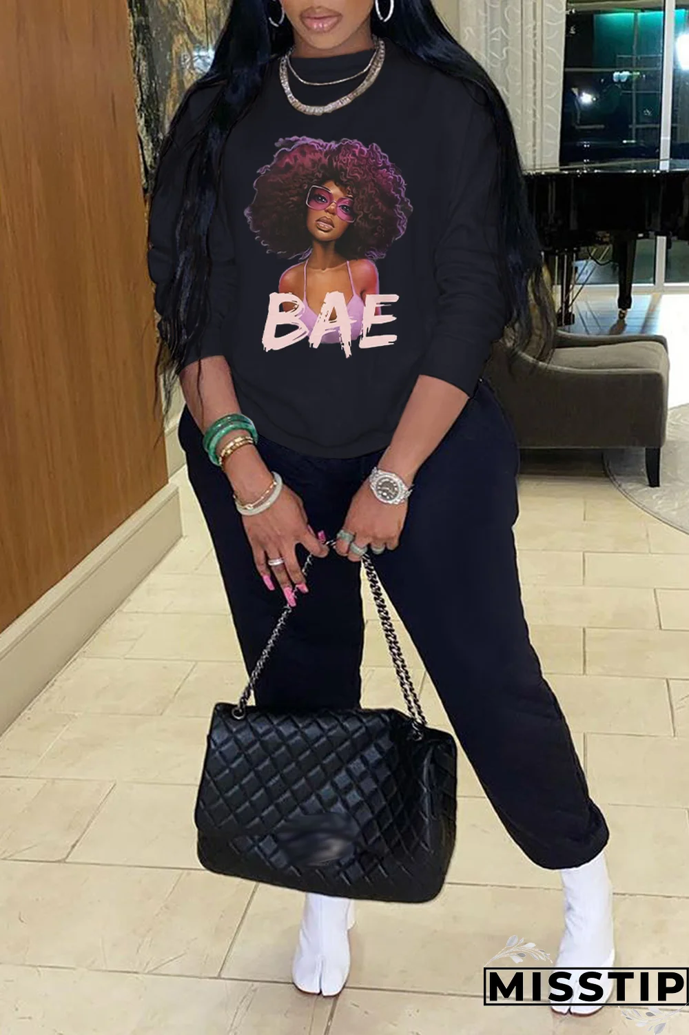 Black Vintage Print Letter O Neck Tops