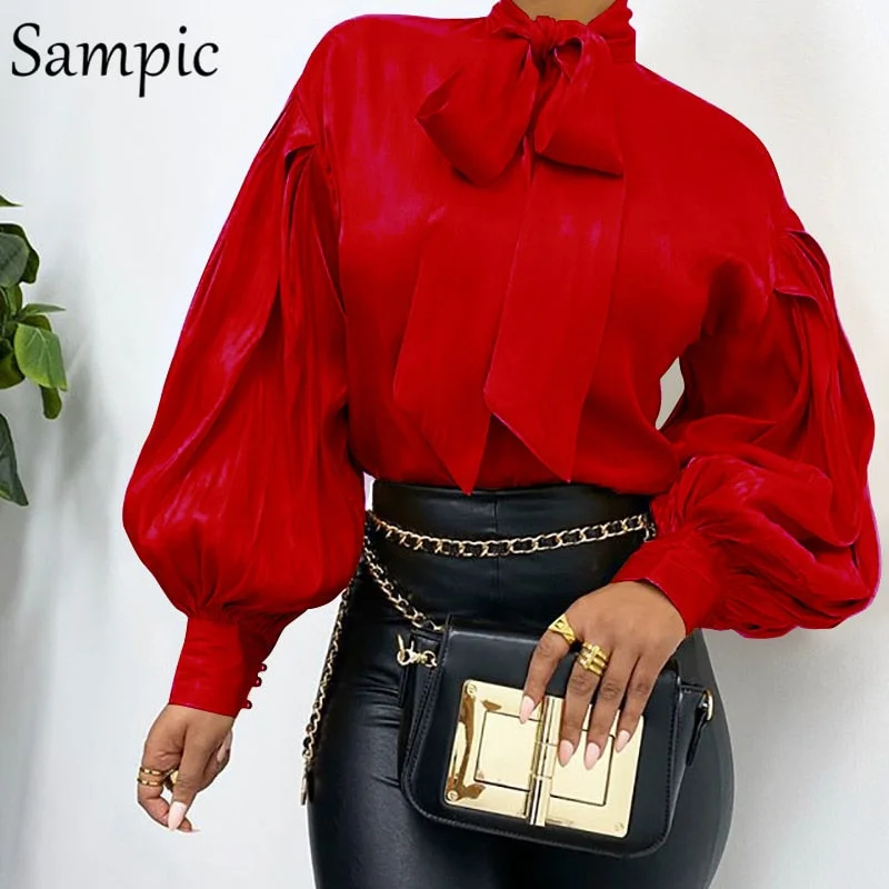 Sampic Women Fashion Female Casual Office Turtleneck Satin Blouse Shirt Red Vintage Long Sleeve Blouse Tops Spring