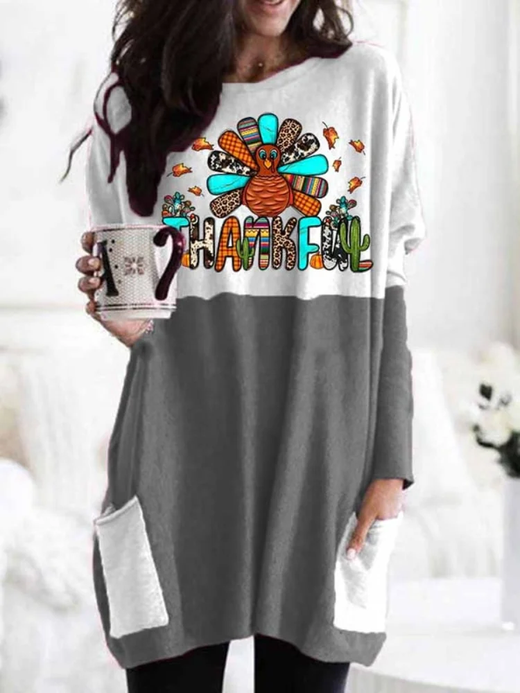 Wearshes Thankful Turkey Colorblock Long Sleeve Tunic