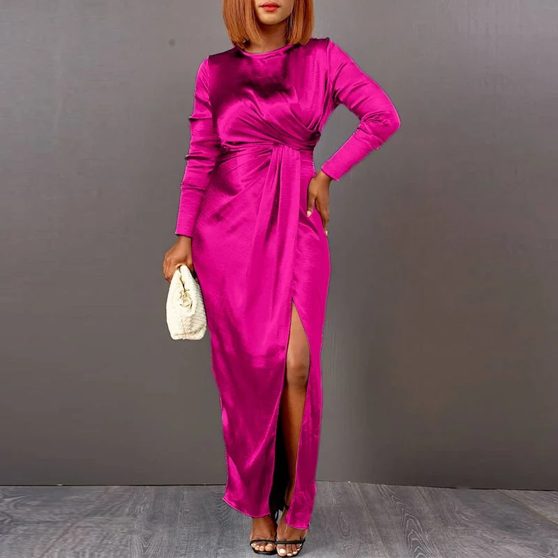 Spring Autumn Long Sleeve Sundress VONDA Women Sexy High Slit Robes Satin Silk Vestidos Femme Holiday Pleated Long Sundress 2022