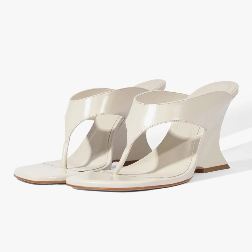 Ivory Vegan Leather Wedge Heel Open Toe Flip Flops for Women Nicepairs