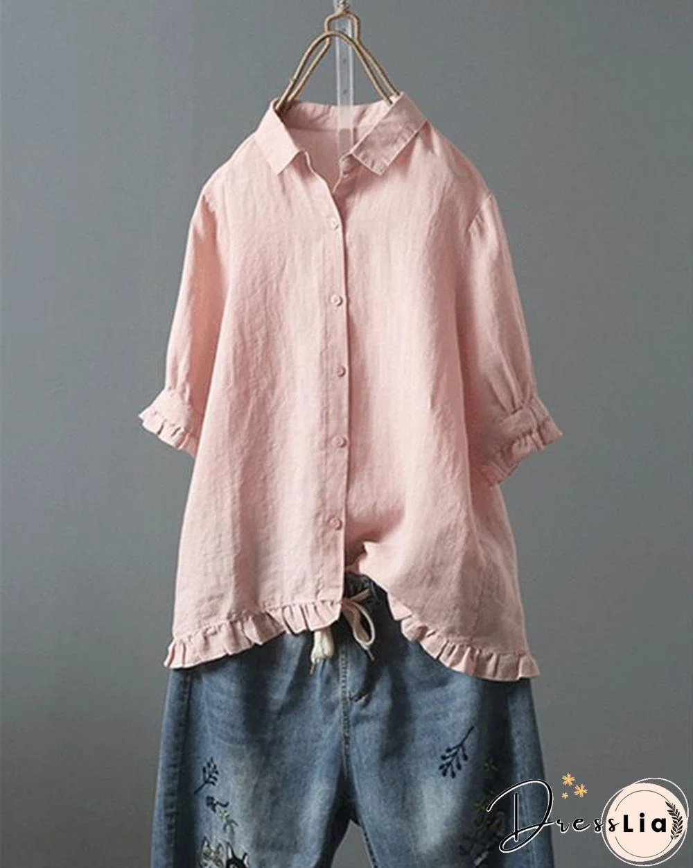 Lace Button Turn Down Collar Solid Color Shirt