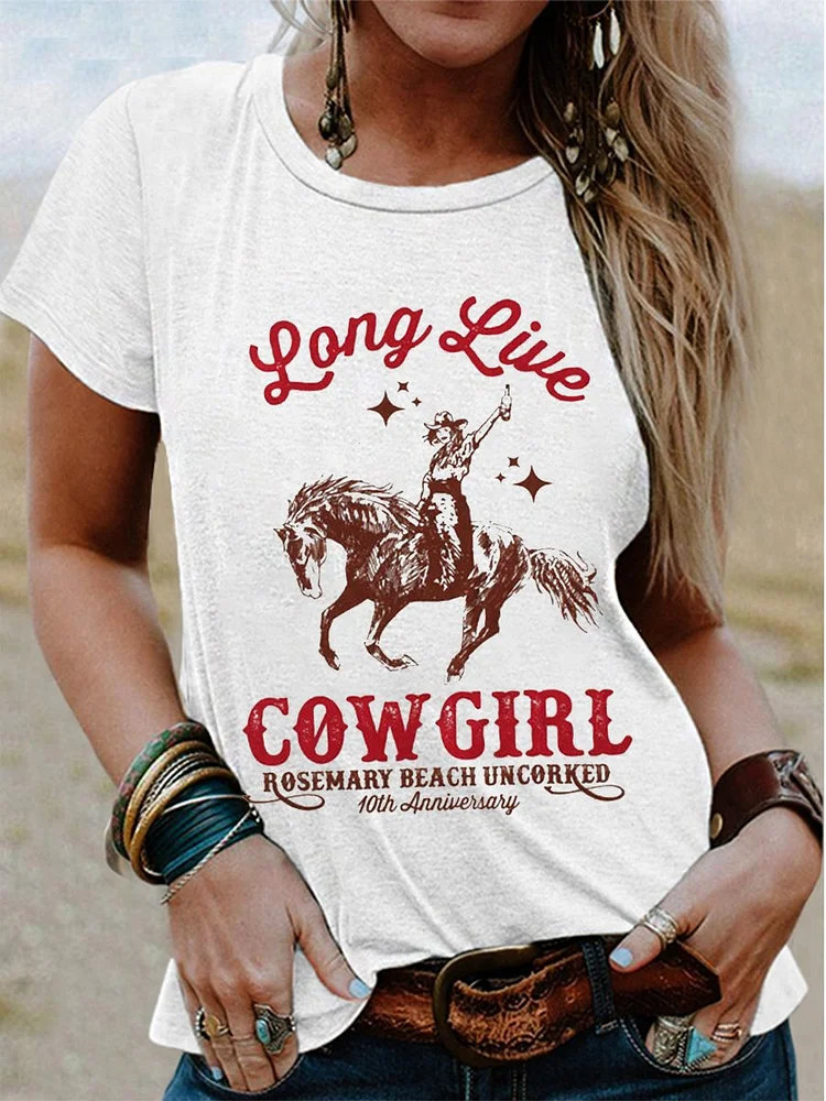 Women's Vintage Western Long Live Cowgirl Rosemary Beach Uncorked Print T-Shirt