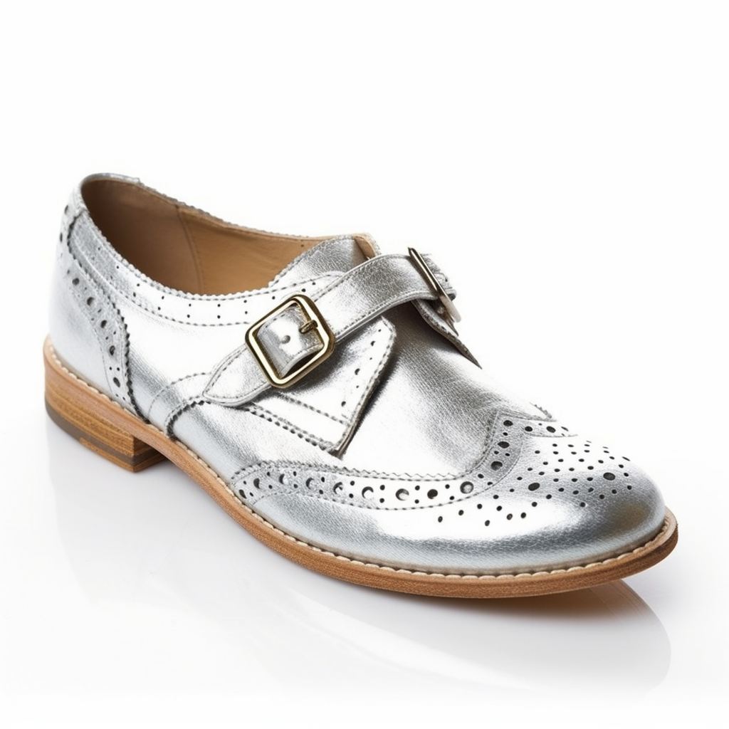 Silver Vegan Leather Rounded Toe Low Heel Oxford Shoes with Buckle Nicepairs