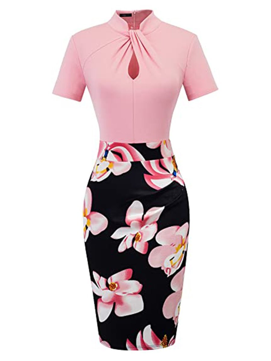 Women's Work Dress Floral Short Sleeve Hollow Out Business Pencil Dress