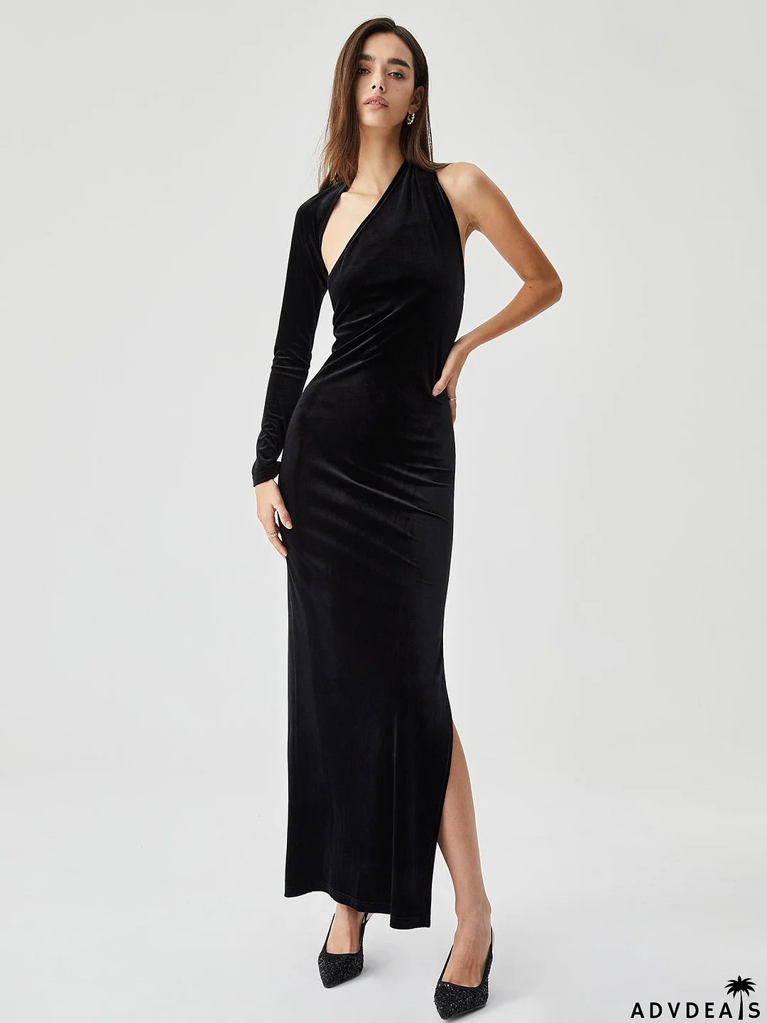 Asymmetric Sleeve Velvet Slit Modern Open Back Long Dress
