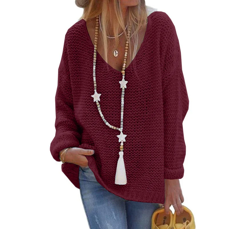 Uveng Pullover Sweater V-neck Long-sleeved Knitted Top